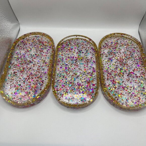 Set of 3 Glitter Resin Vanity Trays – Gold Rimmed Organizer Trays - Picture 1 of 4